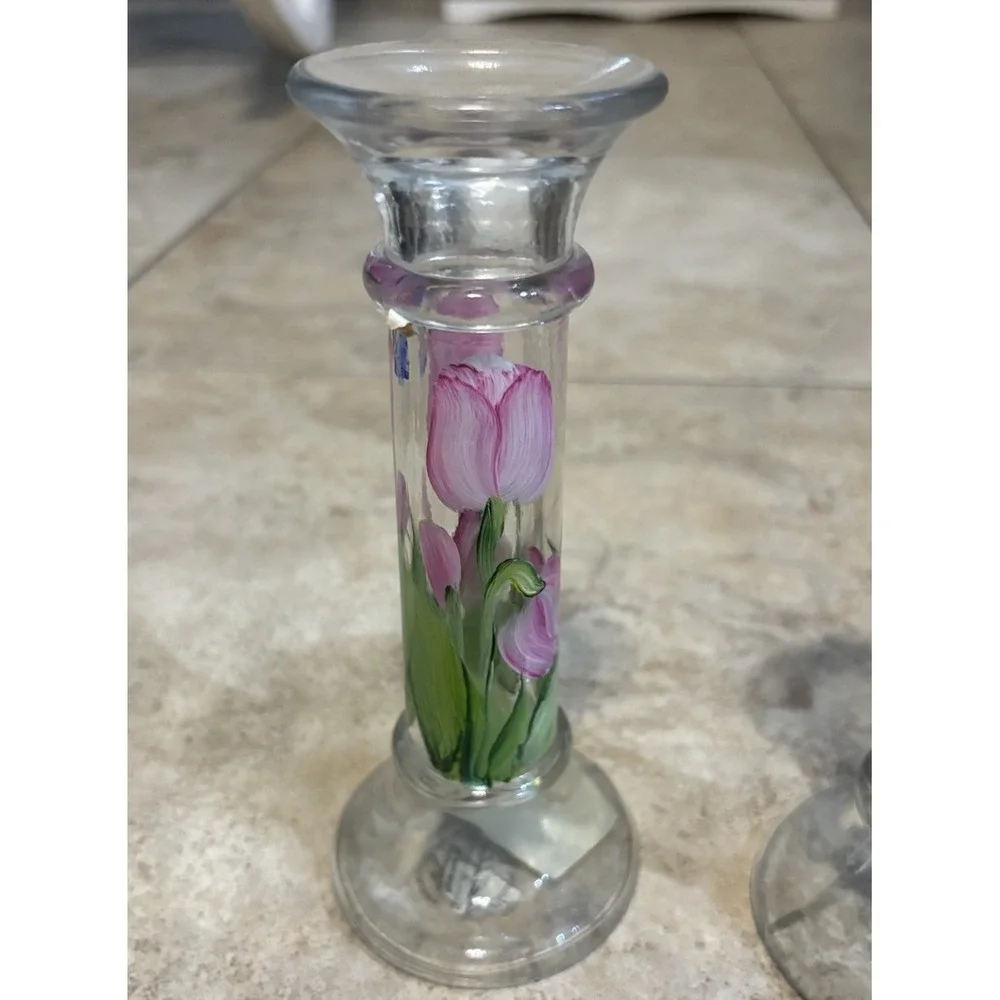 Christine Schreiber Forget-Me-Not Hand Painted Glass Candlesticks Tulips Pair